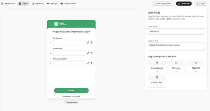 Interaction form editor with the example fields